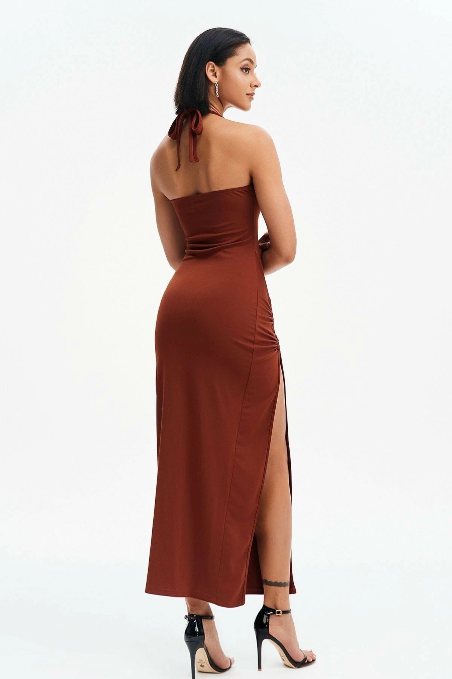 Wholesale * Solado Ruched Backless Slit Hem Maxi Dress Brown