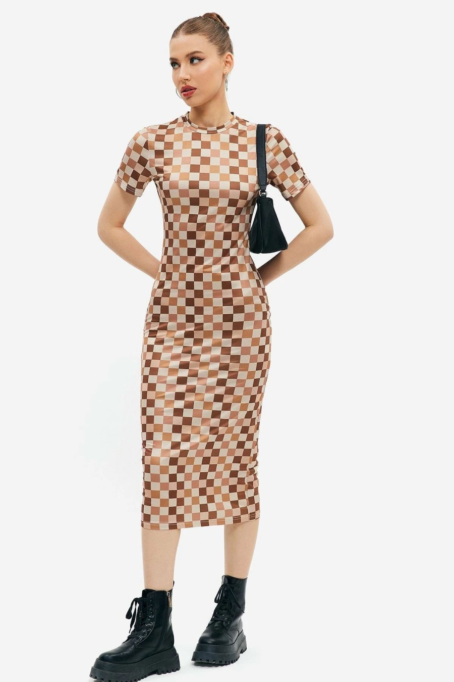 Wholesale * Solado Checkerboard Print Short Sleeve Bodycon Maxi Dress Chocolate