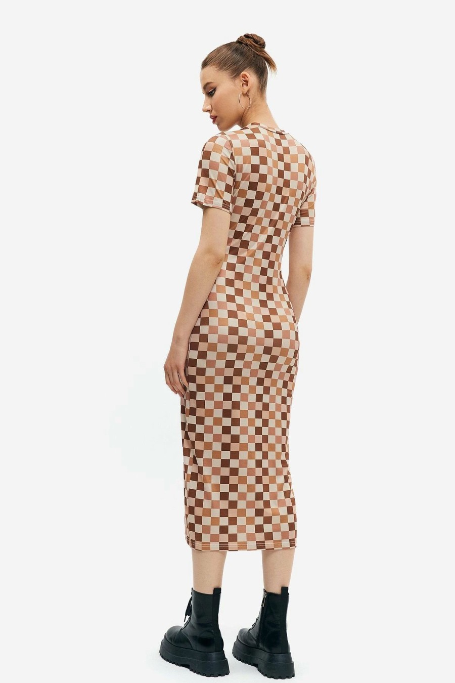 Wholesale * Solado Checkerboard Print Short Sleeve Bodycon Maxi Dress Chocolate