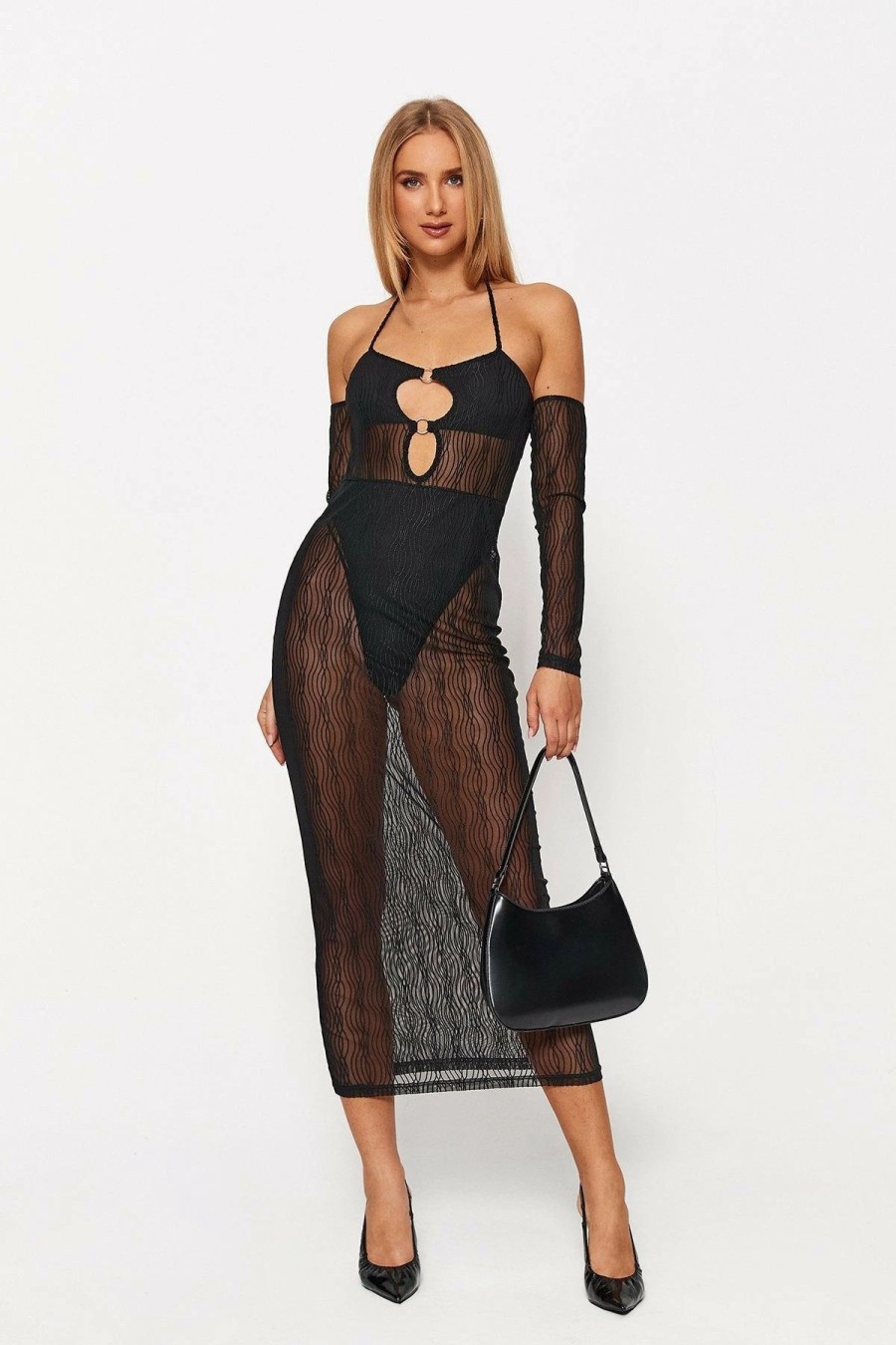 Best * Solado Halter Neck Mesh Splicing Cut Out Midi Dress Black