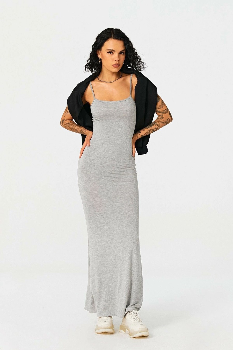 Best * Solado Modal Plunging Neck Mermaid Solid Maxi Dress Lightgray