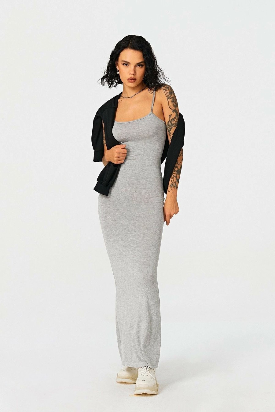 Best * Solado Modal Plunging Neck Mermaid Solid Maxi Dress Lightgray