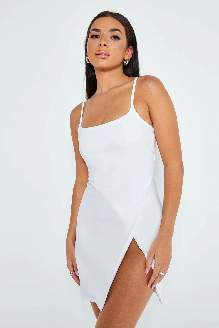 Hot * Solado Square Neck Split Hem A-Line Mini Dress White