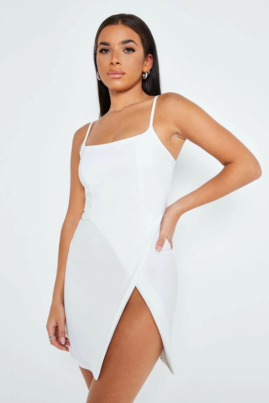 Hot * Solado Square Neck Split Hem A-Line Mini Dress White