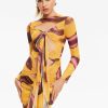 Best * Solado Abstract Print Mesh Cut Out Tie Detail Mini Dress Yellow