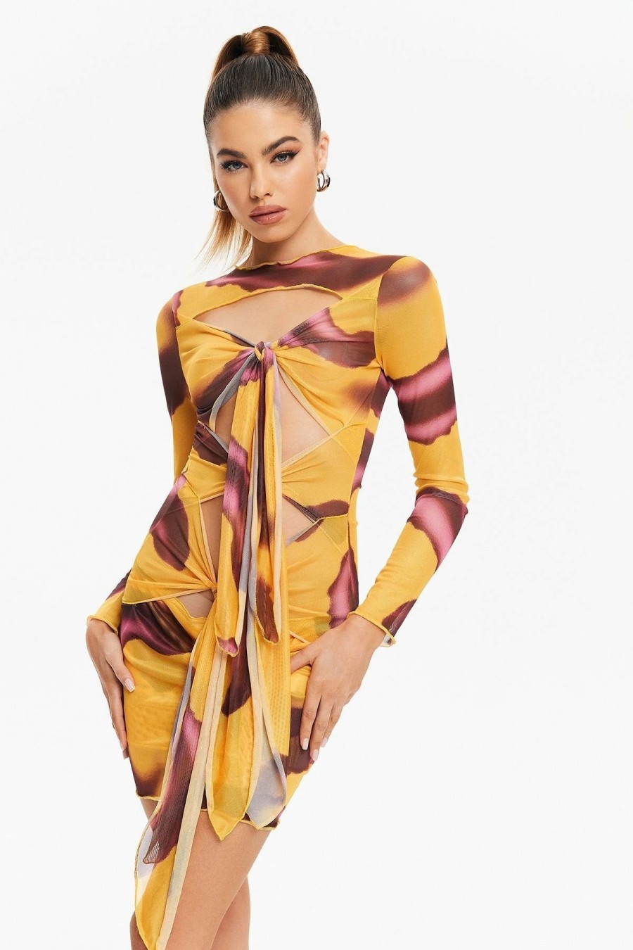 Best * Solado Abstract Print Mesh Cut Out Tie Detail Mini Dress Yellow