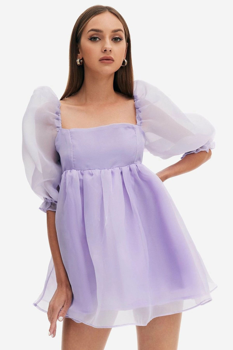 Best * Solado Lantern Sleeve Layered Hem Mesh Mini Dress Plum