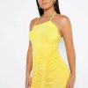 Hot * Solado Halter Neck Drawstring Ruched Backless Mini Dress Yellow