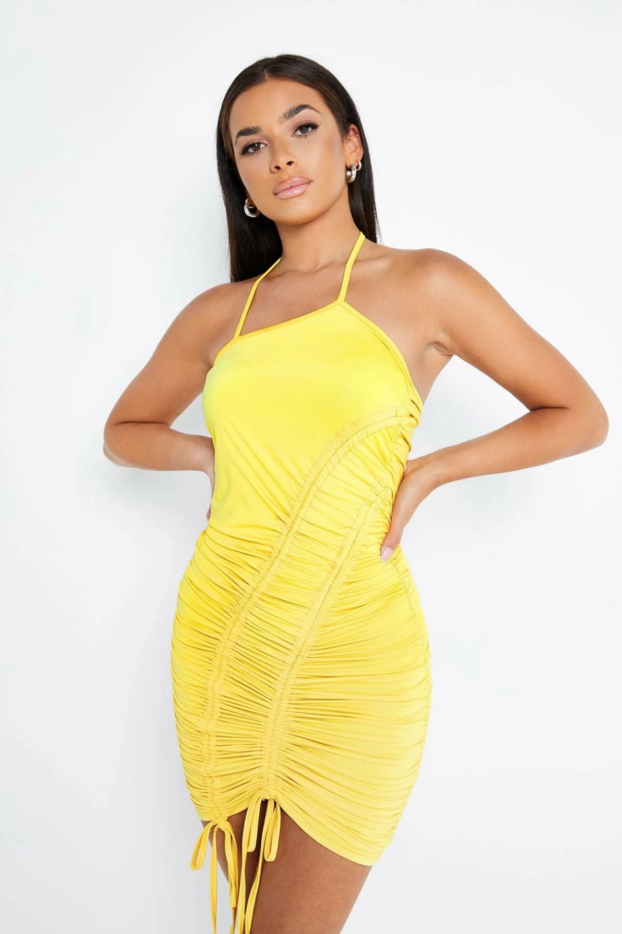 Hot * Solado Halter Neck Drawstring Ruched Backless Mini Dress Yellow