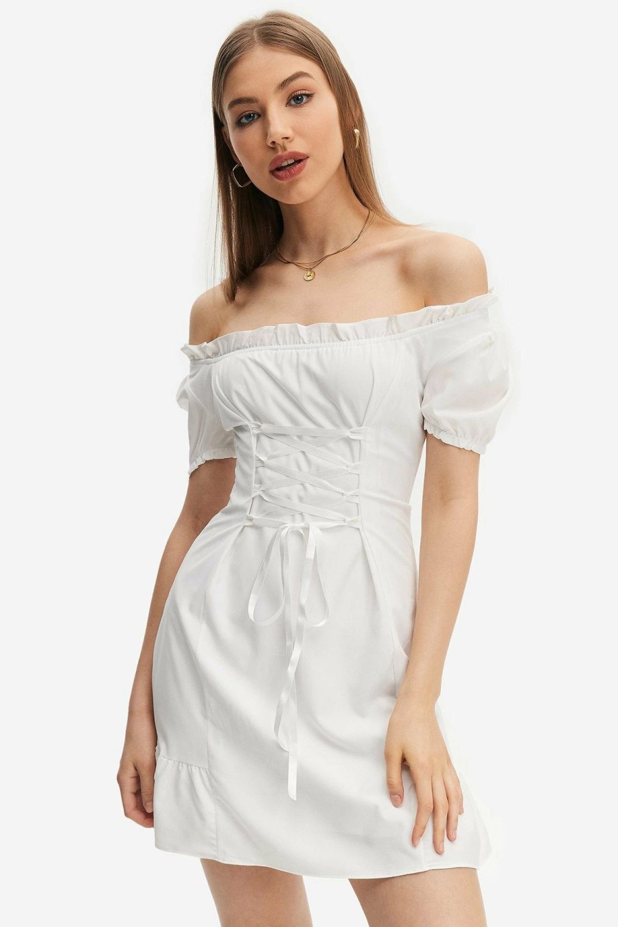 Online * Solado Off Shoulder Lace Up Lettuce Trim Mini Dress White