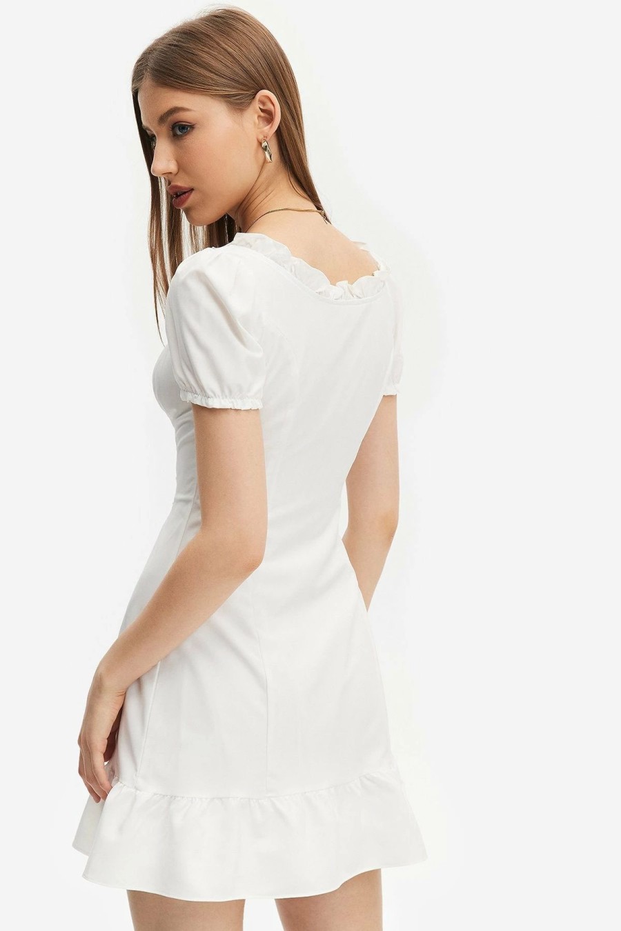 Online * Solado Off Shoulder Lace Up Lettuce Trim Mini Dress White