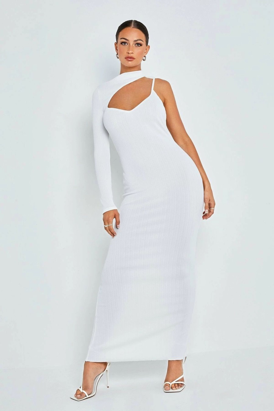 Hot * Solado Asymmetrical Neck One Sleeve Open Back Maxi Dress White