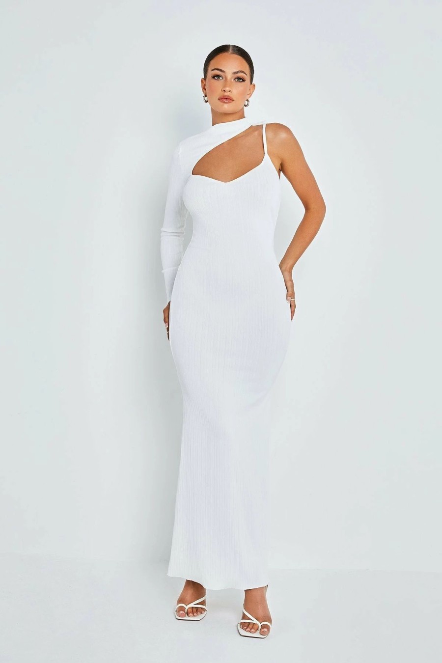 Hot * Solado Asymmetrical Neck One Sleeve Open Back Maxi Dress White