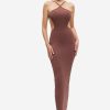 Clearance * Solado Off Shoulder Tie Backless Bodycon Maxi Dress Brown