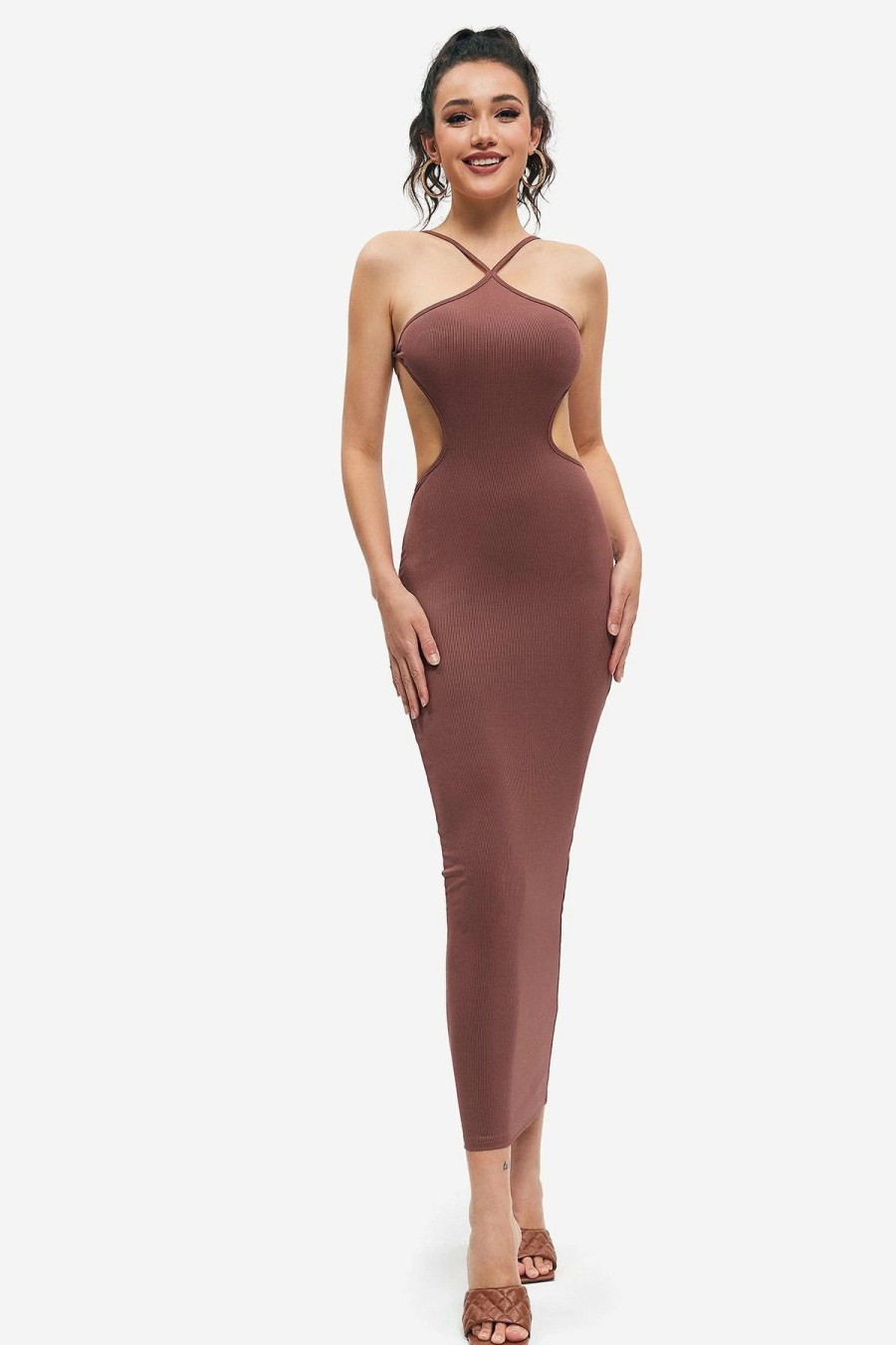 Clearance * Solado Off Shoulder Tie Backless Bodycon Maxi Dress Brown