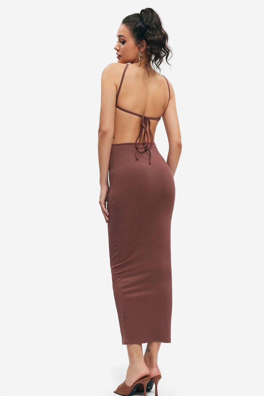 Clearance * Solado Off Shoulder Tie Backless Bodycon Maxi Dress Brown