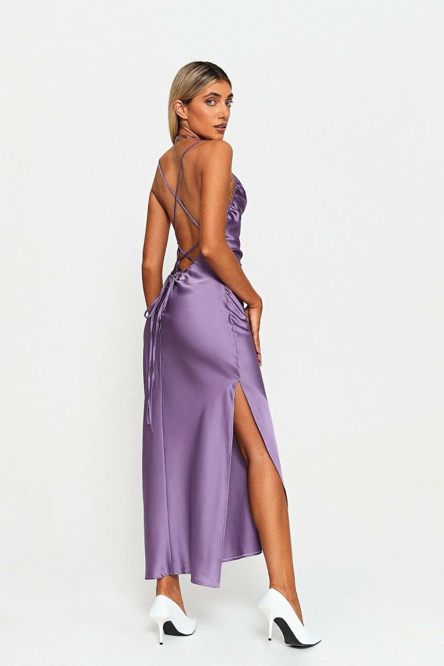 Online * Solado Cowl Neck Split Hem Lace Up Open Back Maxi Dress Mediumpurple