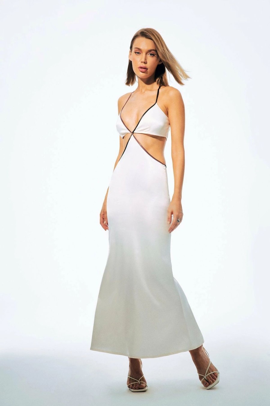 Wholesale * Solado Satin Plunging Neck Colorblock Trim Maxi Dress White