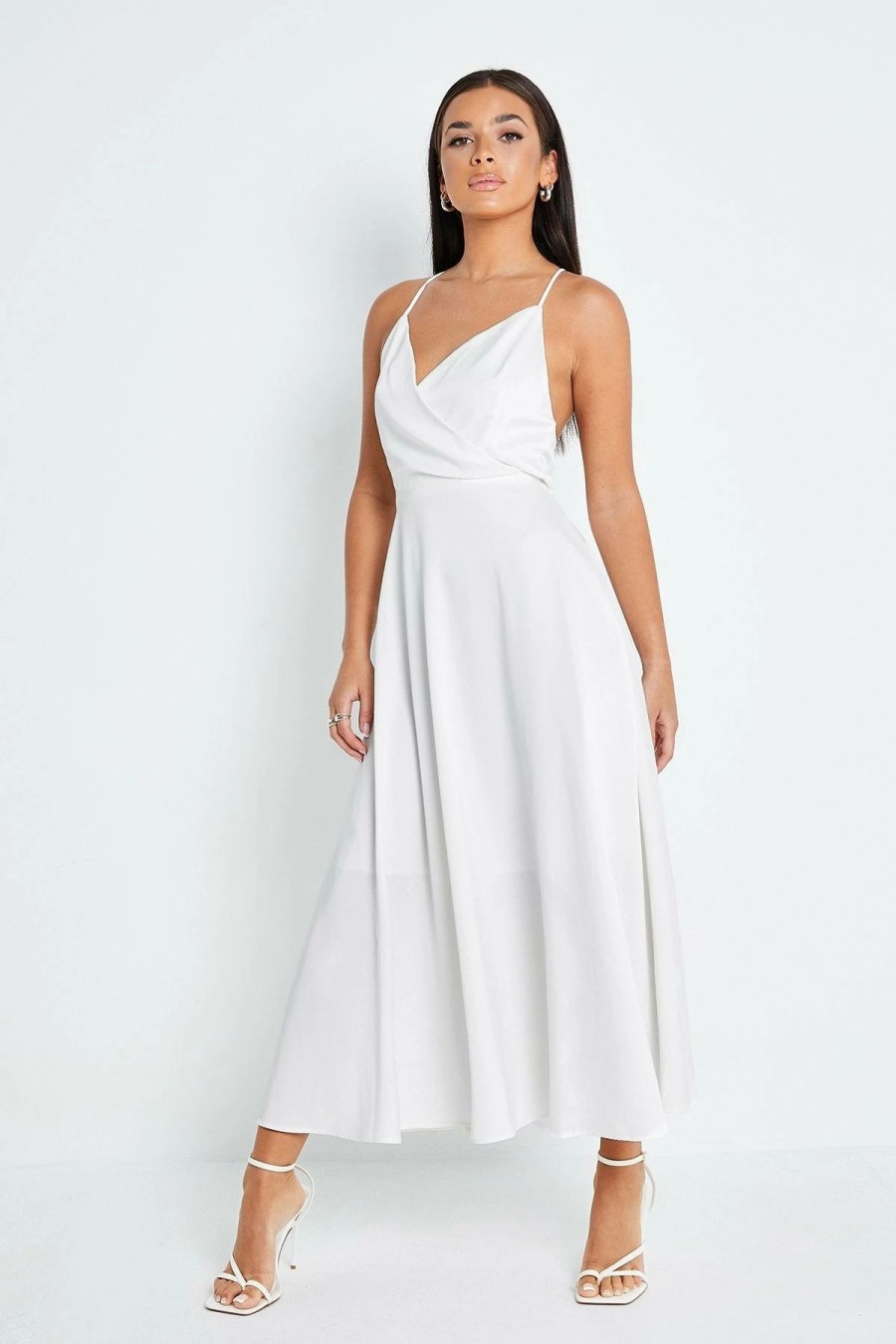 New * Solado Plunging Neck Cross Backless Solid Maxi Dress White