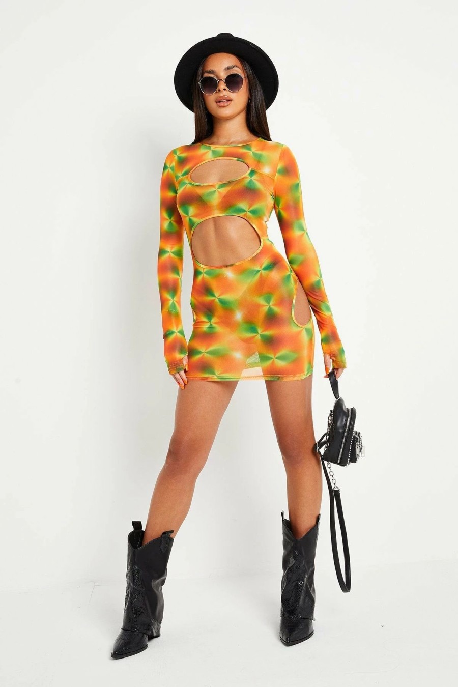 Best * Solado Abstract Print Cut Out Mesh Long Sleeve Mini Dress Orange