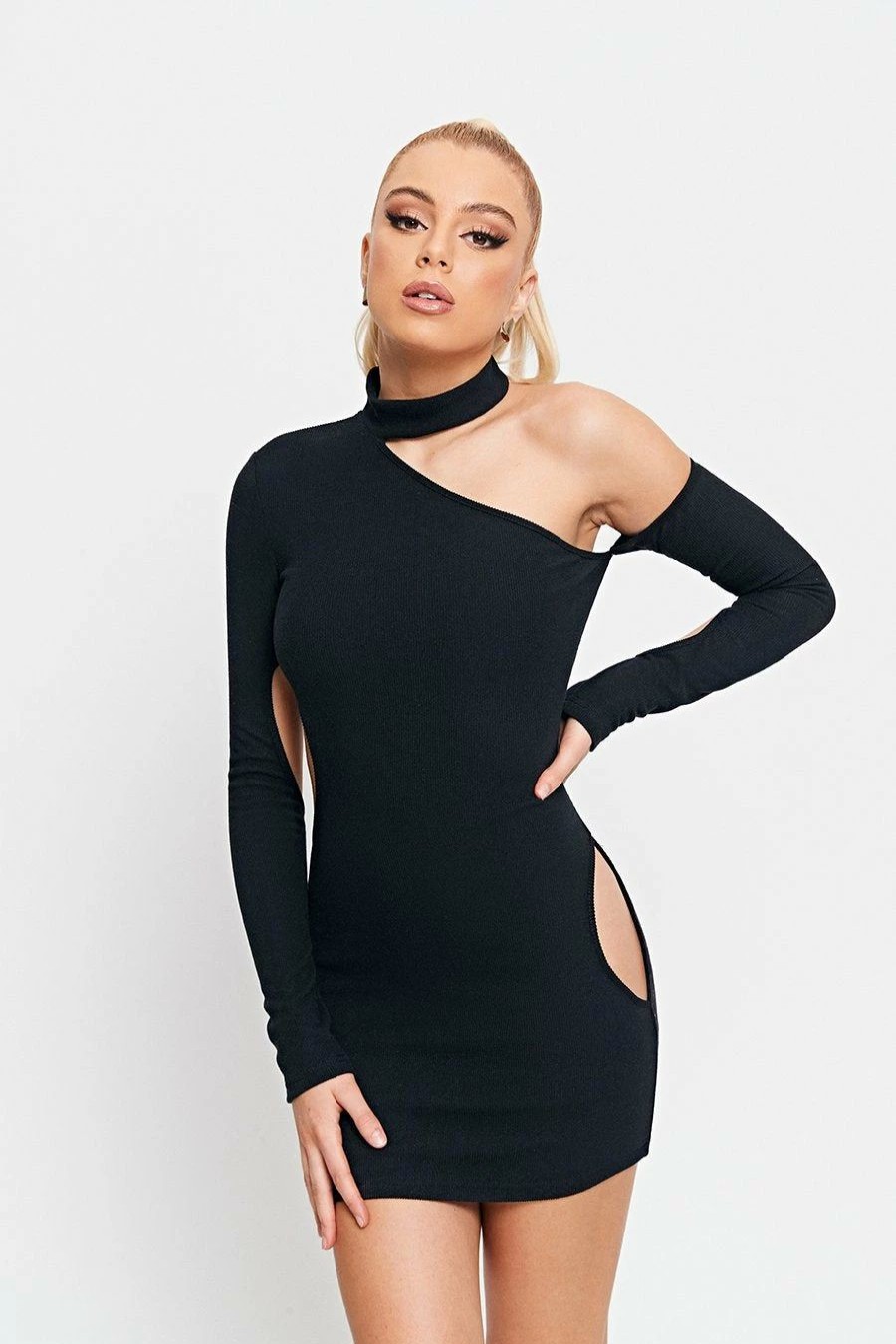 New * Solado Mock Neck Cut Out Cold Shoulder Mini Dress Black