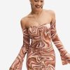 Clearance * Solado Off Shoulder Swirl Print Flared Sleeve Mini Dress Chocolate