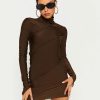 New * Solado Mock Neck Seam Detail Long Sleeve Mini Dress Brown