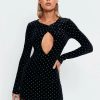 New * Solado Polka Dot Cut Out Velvet Long Sleeve Mini Dress Black