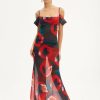 New * Solado Cold Shoulder Abstract Print Mesh Maxi Dress Red