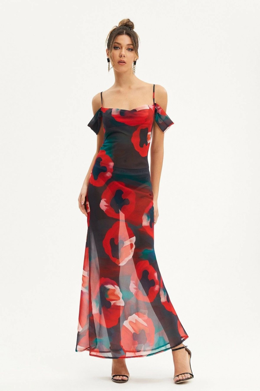 New * Solado Cold Shoulder Abstract Print Mesh Maxi Dress Red