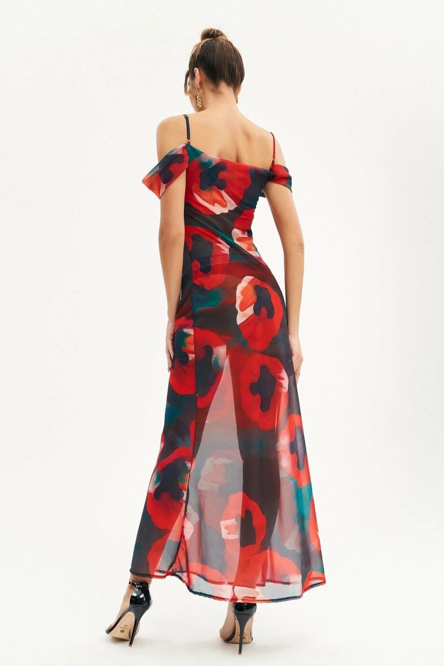 New * Solado Cold Shoulder Abstract Print Mesh Maxi Dress Red