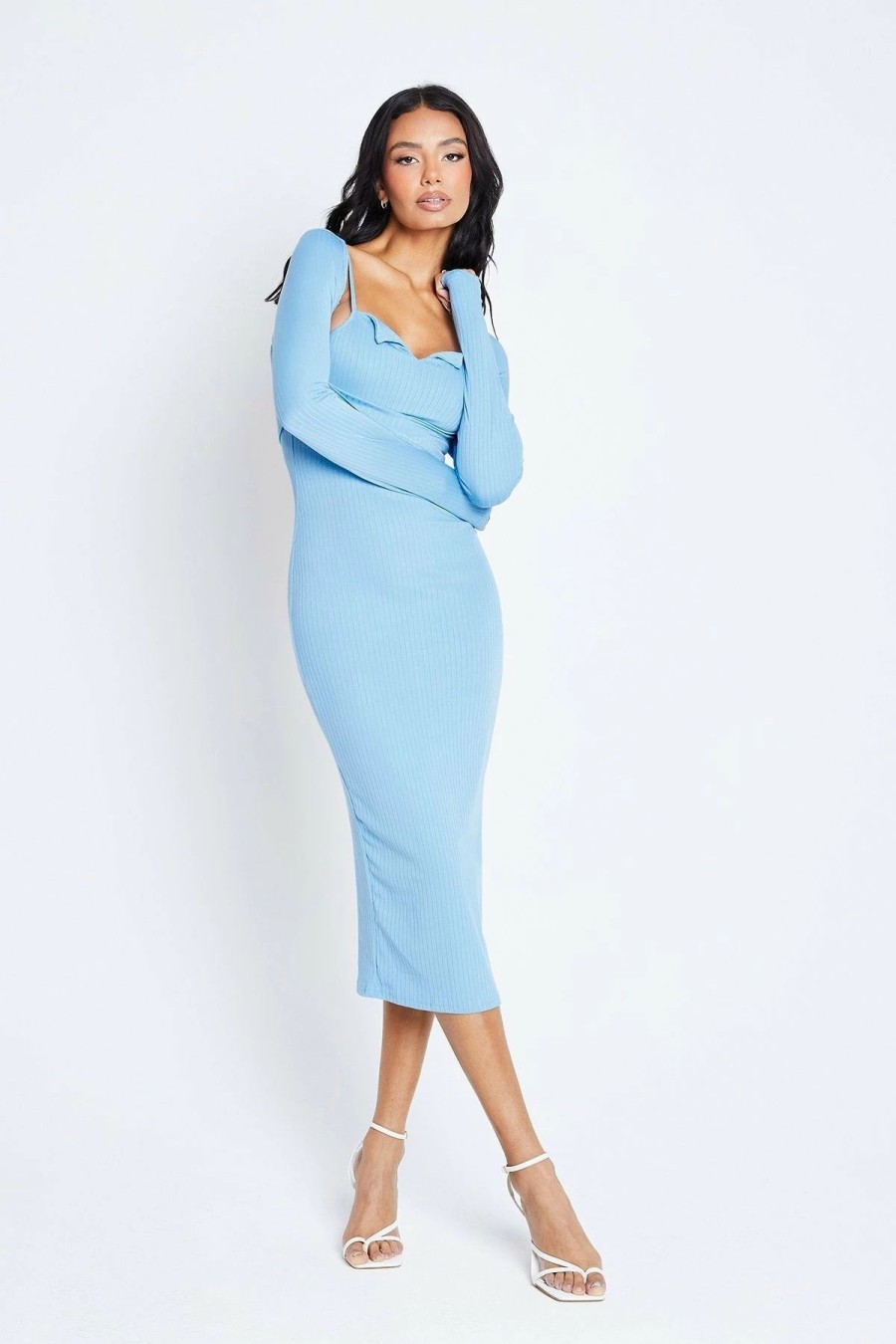 Online * Solado 2 In 1 Cut Out Stripe Knitted Split Hem Maxi Dress Lightblue