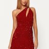 Hot * Solado One Shoulder Sequin Cut Out Backless Mini Dress Red