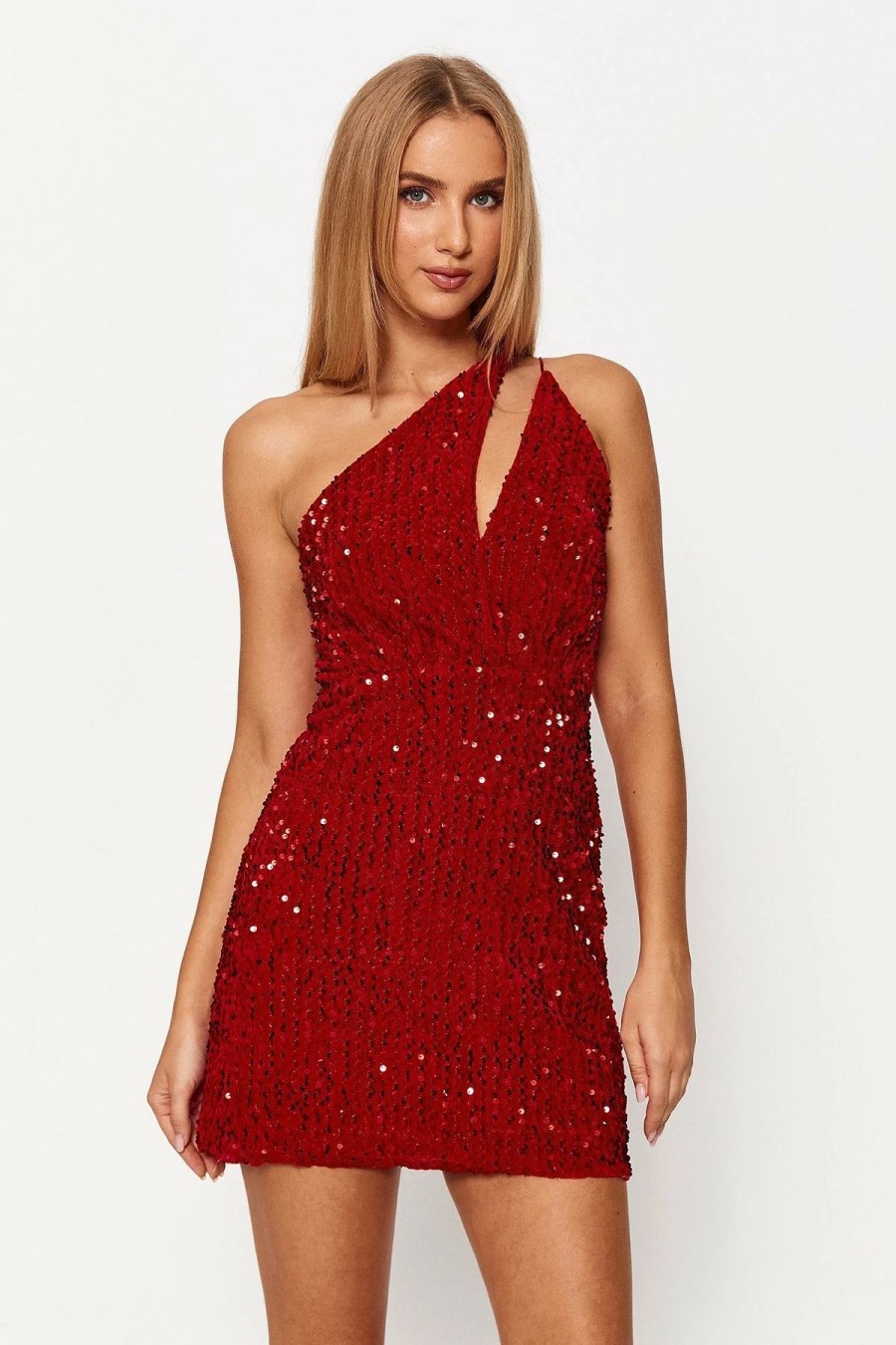 Hot * Solado One Shoulder Sequin Cut Out Backless Mini Dress Red