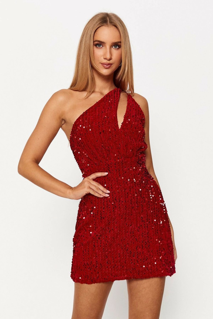 Hot * Solado One Shoulder Sequin Cut Out Backless Mini Dress Red