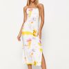 Wholesale * Solado Abstract Print Lace Up Back Split Hem Midi Dress White