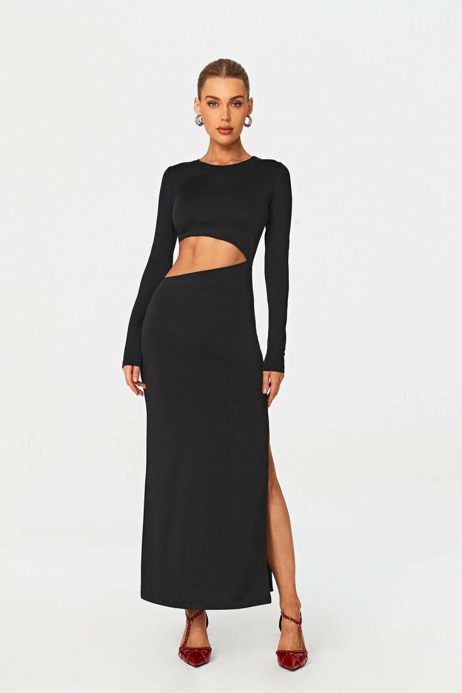 Online * Solado Cut Out Split Hem Long Sleeve Maxi Dress Black