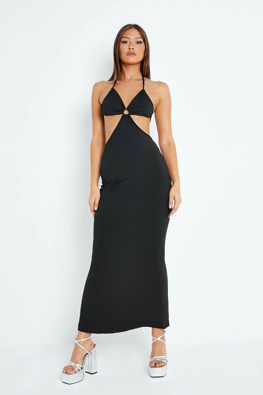 Hot * Solado Halter Neck Cut Out Backless Solid Maxi Dress Black