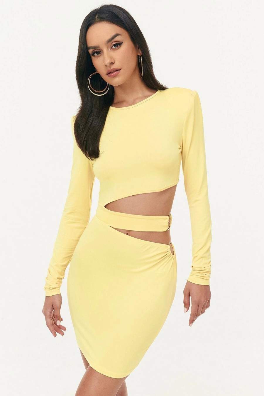 Best * Solado Cut Out O-Ring Decor Long Sleeve Bodycon Dress Yellow