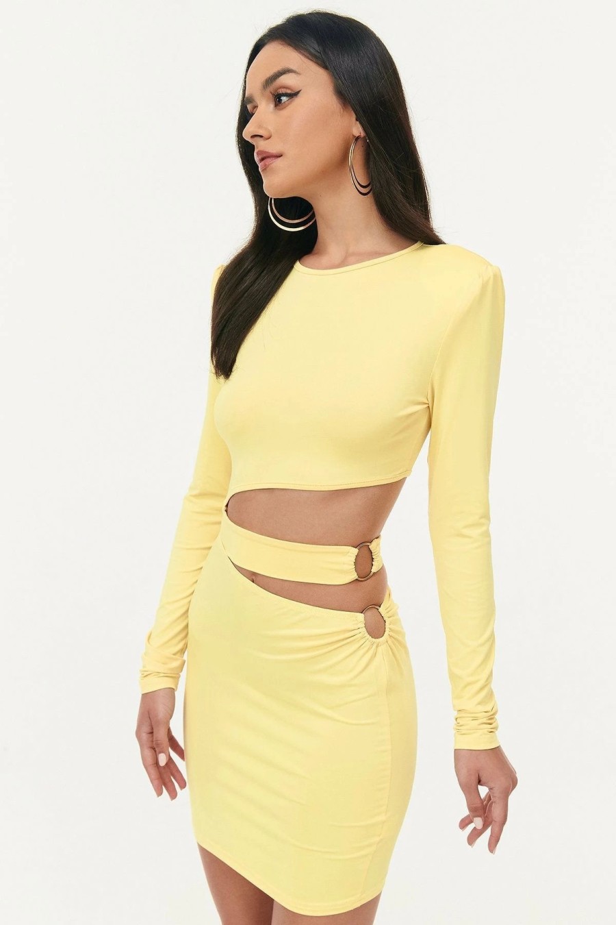 Best * Solado Cut Out O-Ring Decor Long Sleeve Bodycon Dress Yellow