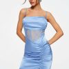 Online * Solado Satin Lace Splicing Asymmetrical Hem Midi Dress Lightblue