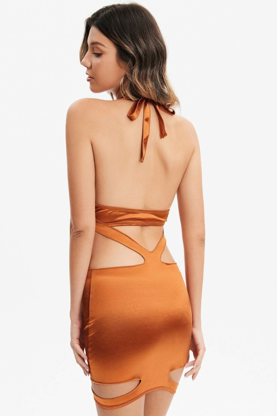 Hot * Solado Satin Cut Out Backless Mini Dress Orange