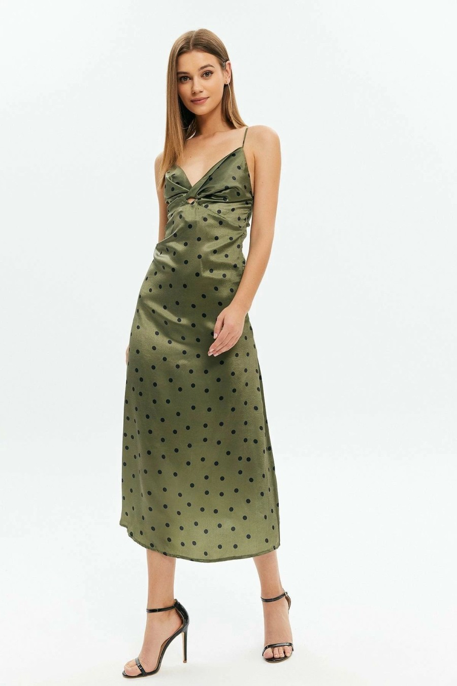 Wholesale * Solado Satin Polka Dot Twist Front Backless Midi Dress Olive