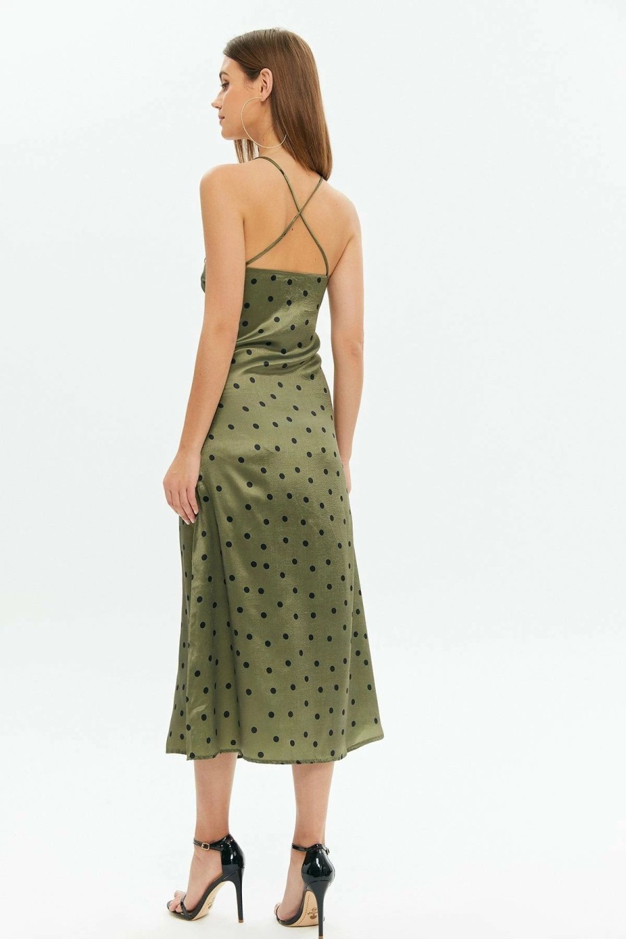 Wholesale * Solado Satin Polka Dot Twist Front Backless Midi Dress Olive