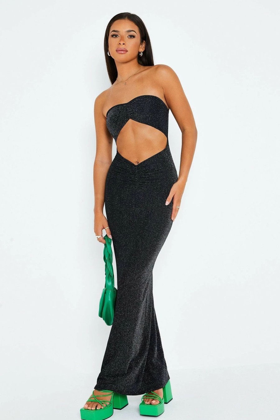 New * Solado Lurex Cut Out Bodycon Tube Maxi Dress Black