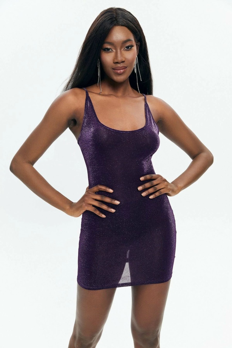 Clearance * Solado Premium Lurex Cami Bodycon Mini Dress Purple