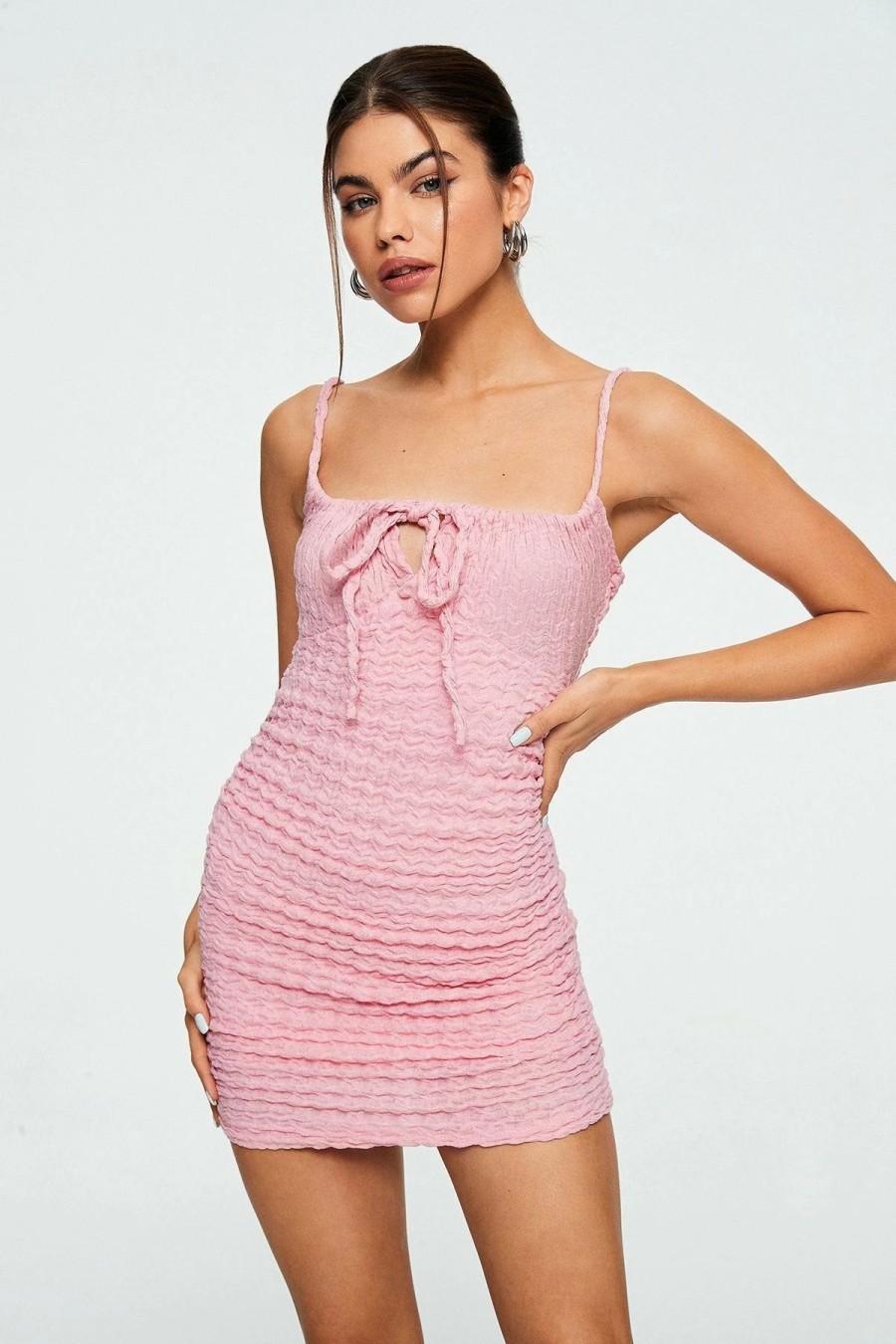 Best * Solado Tie Front Texture Backless Bodycon Mini Dress Pink