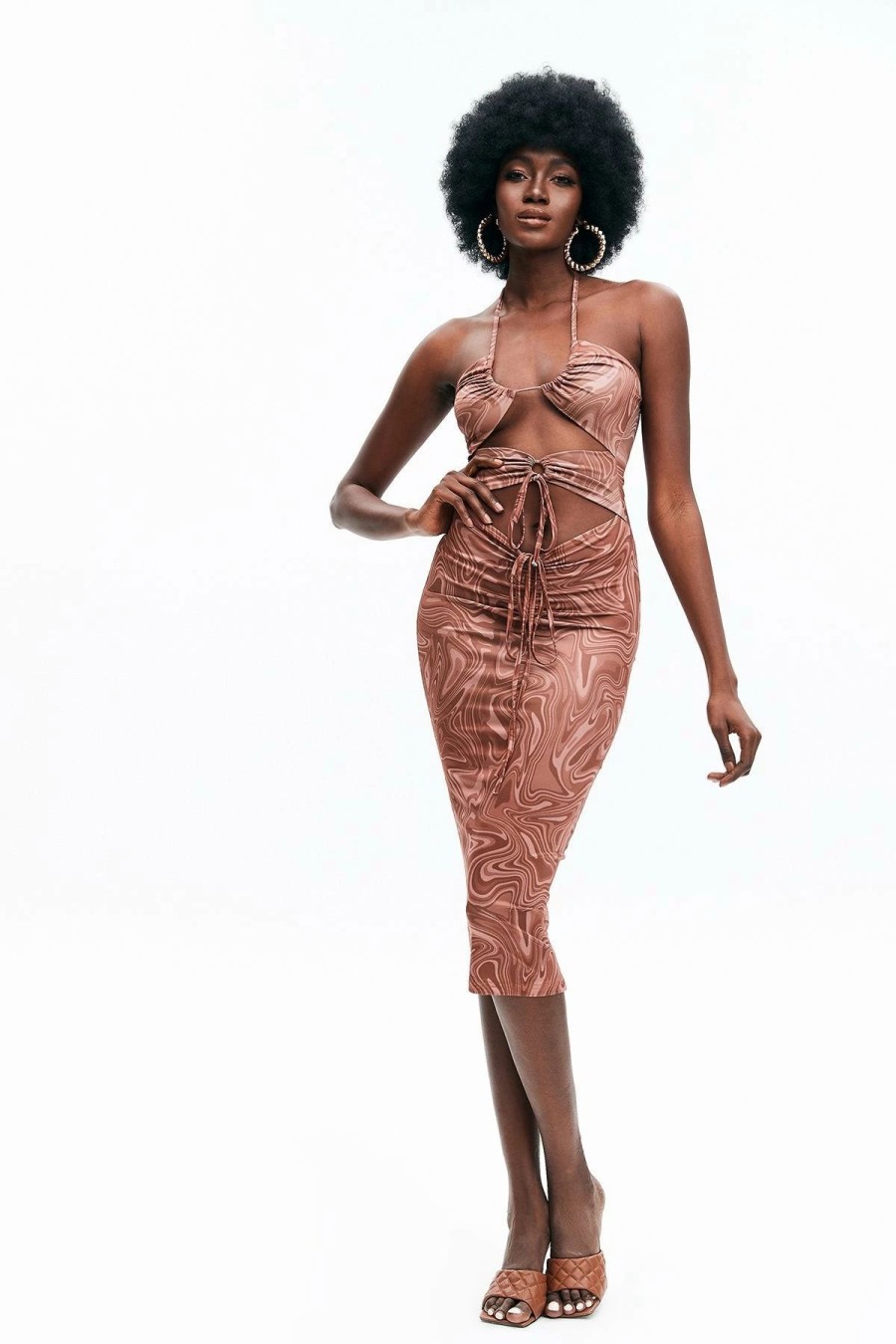 Online * Solado Drawstring Ruched Cut Out Maxi Dress Brown