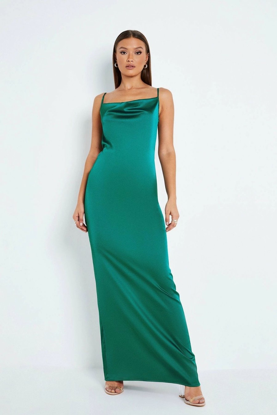 Wholesale * Solado Cowl Neck Open Back Chain Decor Satin Maxi Dress Darkcyan