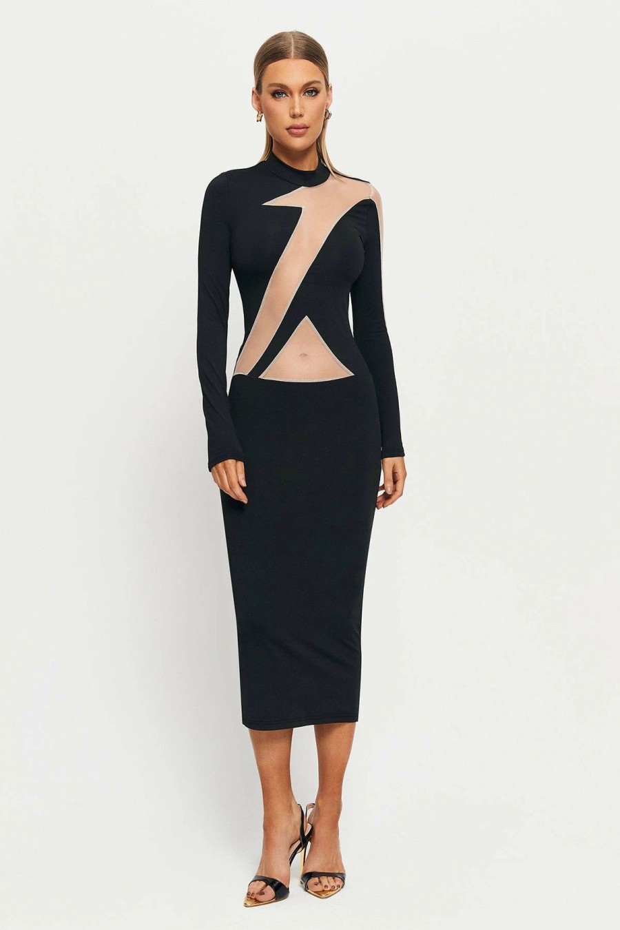 Clearance * Solado Mock Neck Mesh Splicing Long Sleeve Midi Dress Black